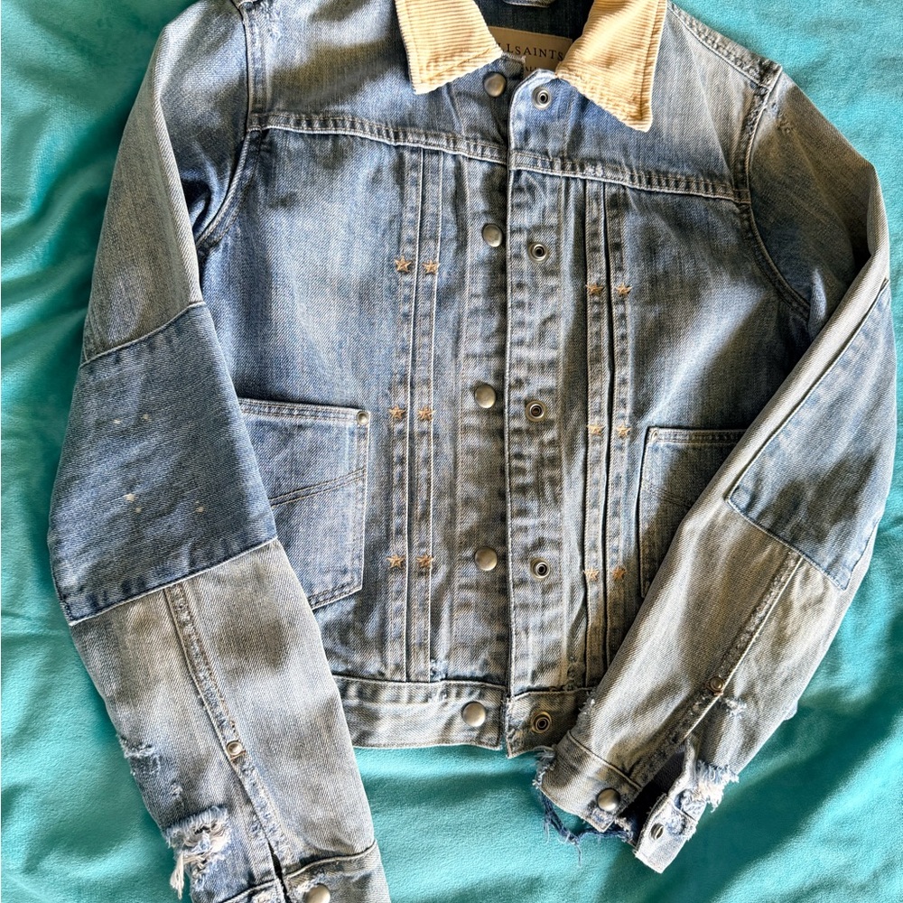 All Saints Light Blue Denim Jacket with Tan Corduroy Collar